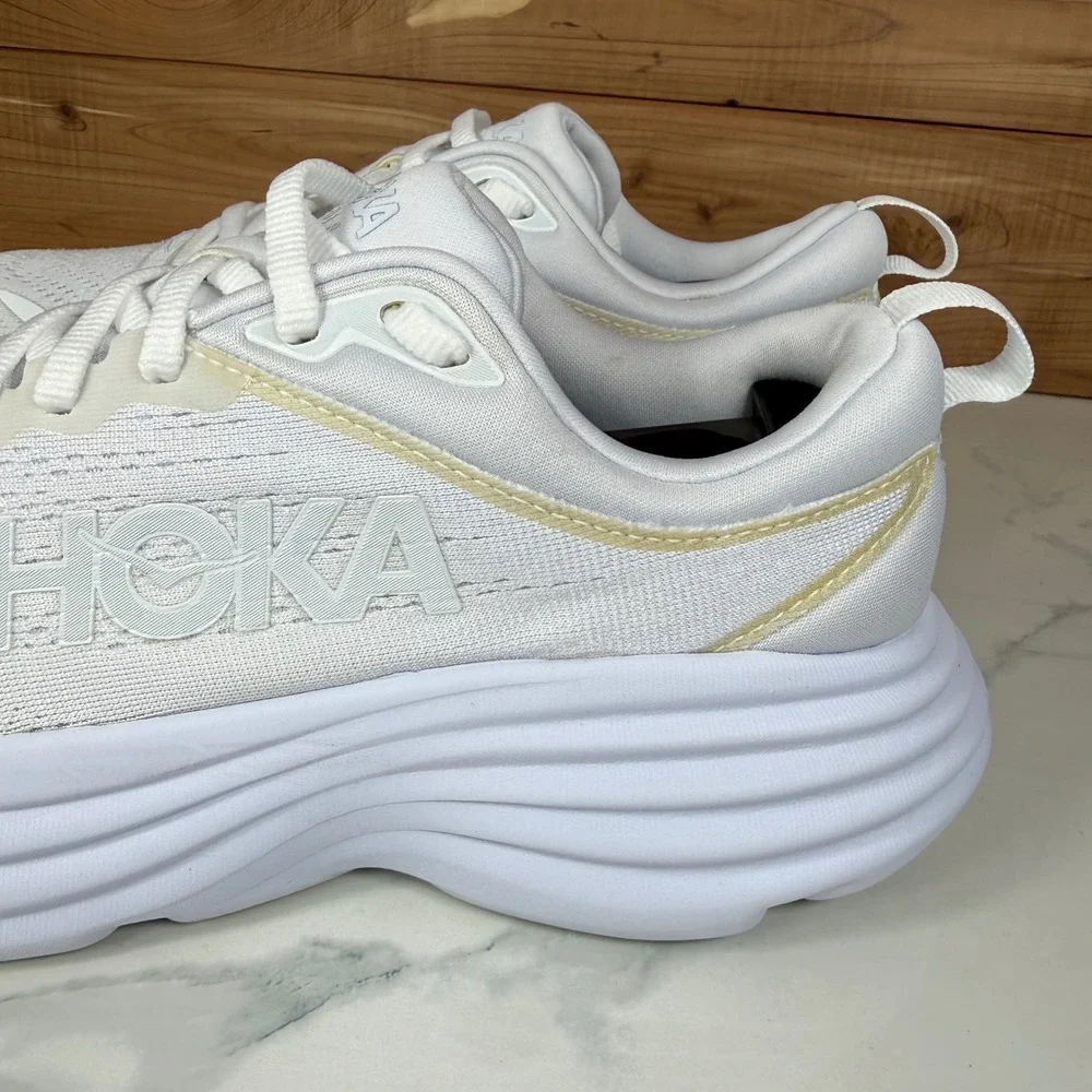 Hoka One One White Athletic Running Shoes with Subtle Gold Trim